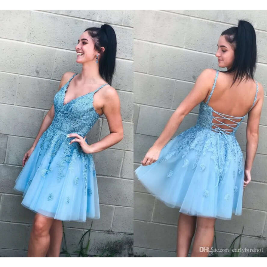 A E Blue V Neck Homecoming Lace Sleeves Mini Sweet Atil Party Dresses Formal Short Prom Dress Backless