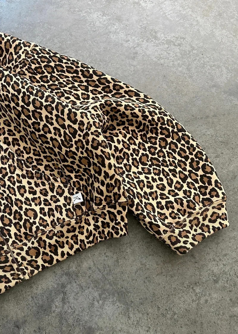 Leopard Print Plus Velvet Hooded Sweater American Retro 90s Lined With Plush Winter Warm Zipper Shirt Oversized Unisex Clothing 241105