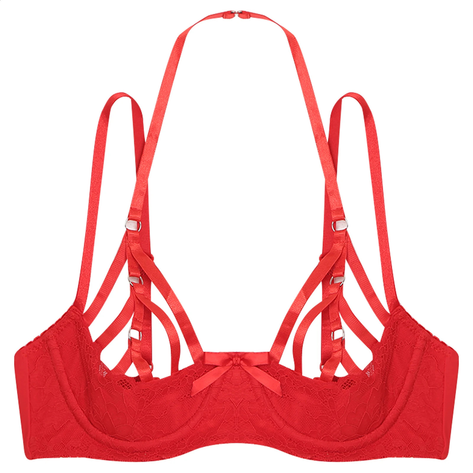 Erotic Lingerie Womens Sexy Open Cup Bra Halter Strappy 13 Padded Underwire Exposed Nipple Tops Tempting Nightwear 241105