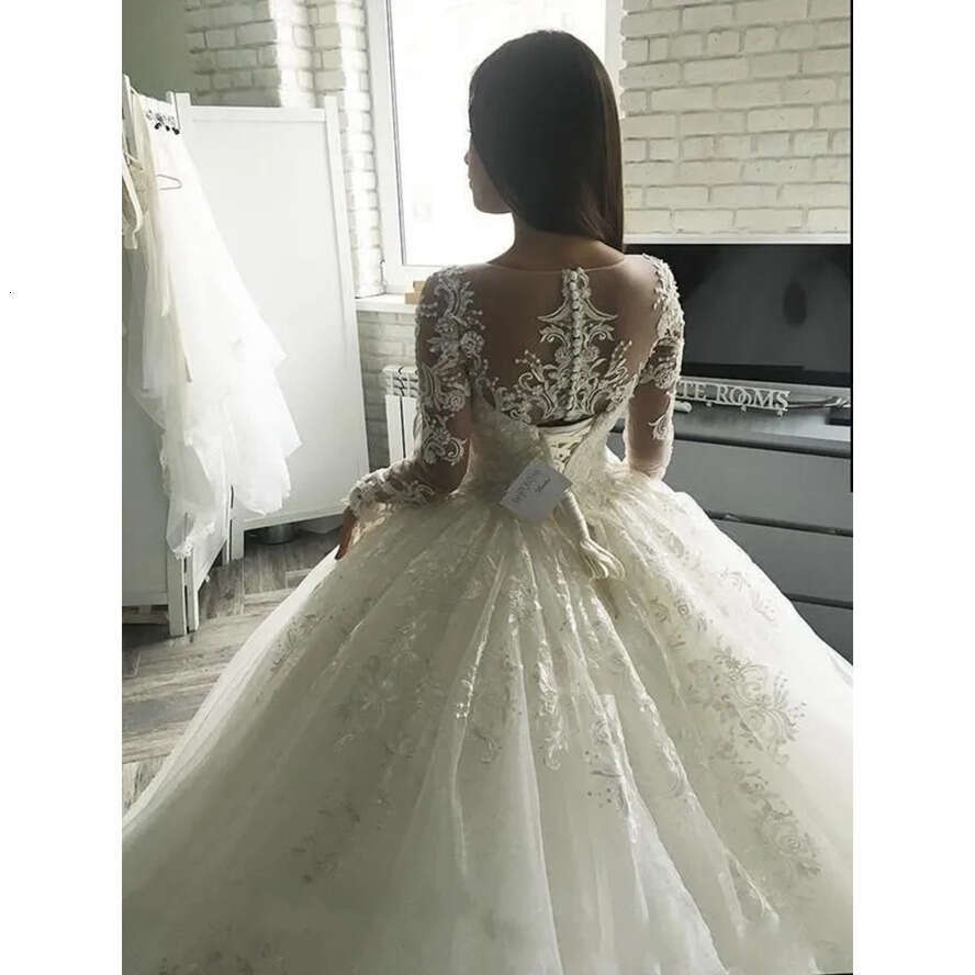 A E Elegant Wedding Dresses Ball Gown Sheer Neck Lace Appliques Long Sleeves Button And Corset Back Tulle Court Train Bridal Gowns ppliques nd s