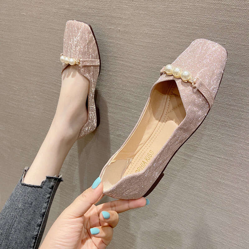 Korean Version Square Toe Shallow Mouth Flat Bottom Single For Women 2023 Summer New Versatile Soft Leather Comfortable Sequined Bean Scoop Shoes