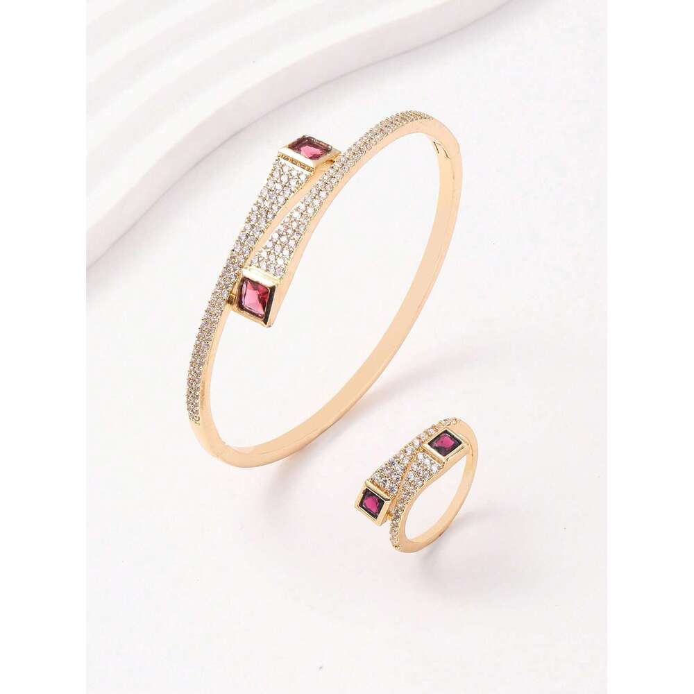 Fashion Hot new New Jewelry women's 1 14K gold plated copper niche design classic Serpentine square Dia bracelet ring set 4K