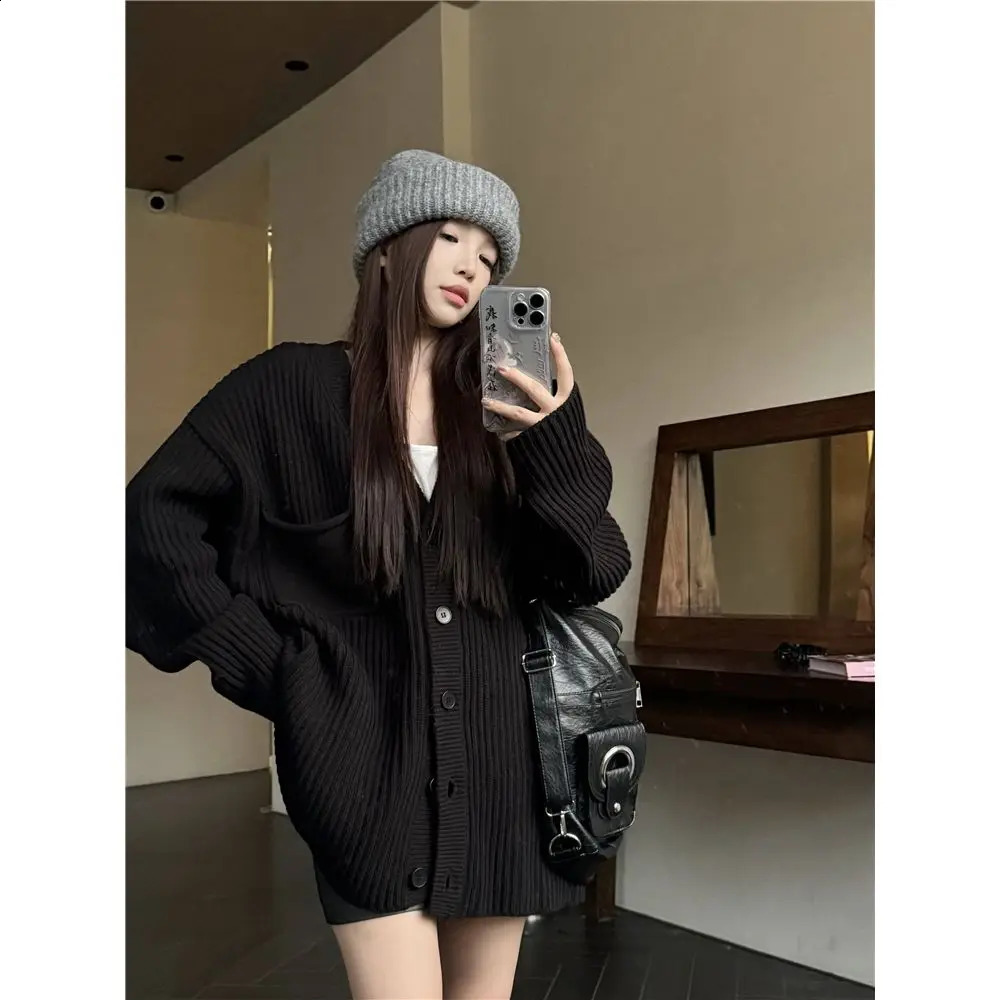 Loose knit cardigan wool sweater womens casual top 241105