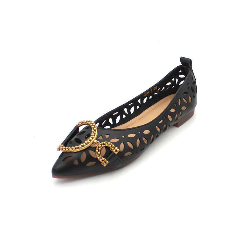 Korean Style Fashionable Versatile Metal Buckle Pointed Shallow Mouth Hollow Flat Bottom Single Order Grandma Breathable Scoop Shoes For Women