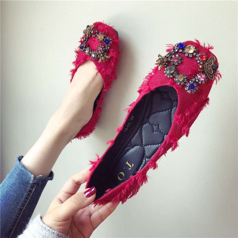 2023 Autumn New Fashionable Versatile Water Diamond Buckle Square Head Cloth Flat Follow For Women Soft Bottom Bean Shoes