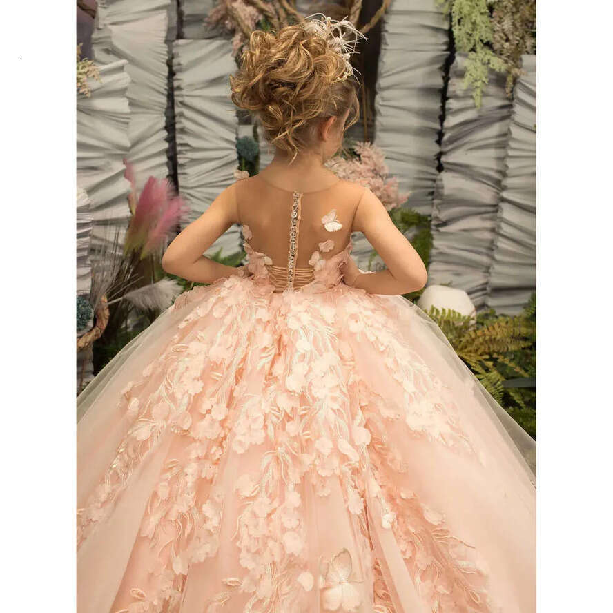 Lace Dree Pink Prince Gorgeou A E Sheer Neck D Butterfly Wer Long Girl Pageant Gown Kid Toddler Communion Birthday Dre Bc S