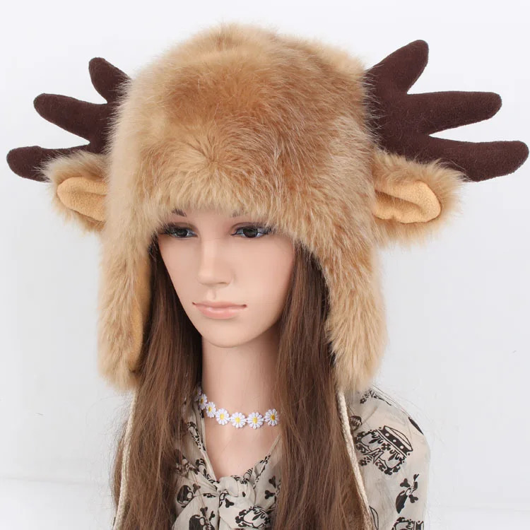 Bull Horn Mao Lei Feng Hat for Men and Women Winter Warm Ear Protection Windproof Hat Russian Ski Hat Faux Fur Hats 241024
