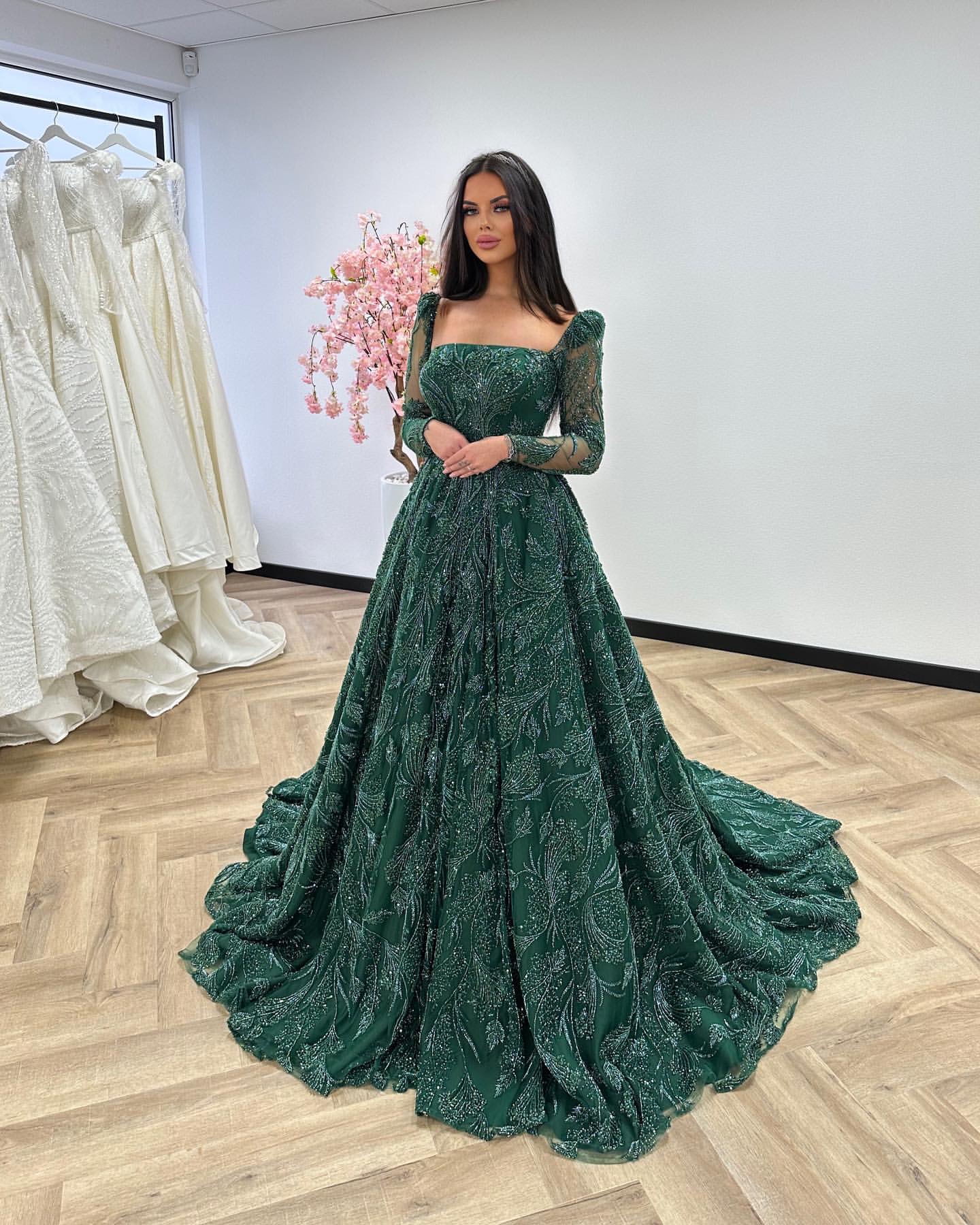 Emerald Green Crystal Evening Dresses Elegant A Line Turkey Prom Dress Beaded Long Sleeves Illusion Formal Party Gowns 0516