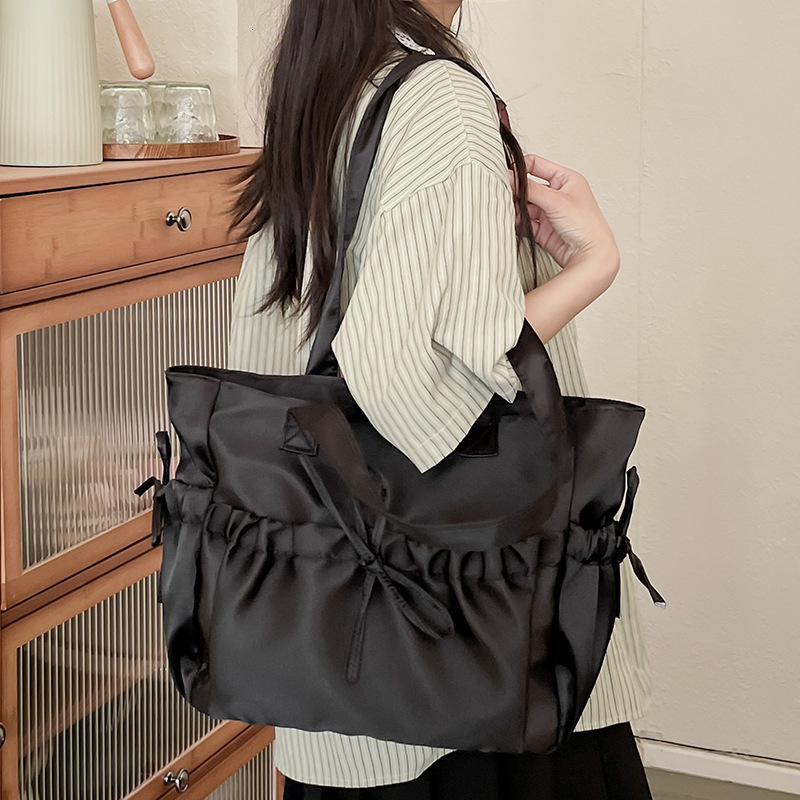 Elegant Bow Women's Shoulder Nylon Pleated Korean Fashion Designer Handbag Large Capacity Cute Pink Sweet Women's Handbag