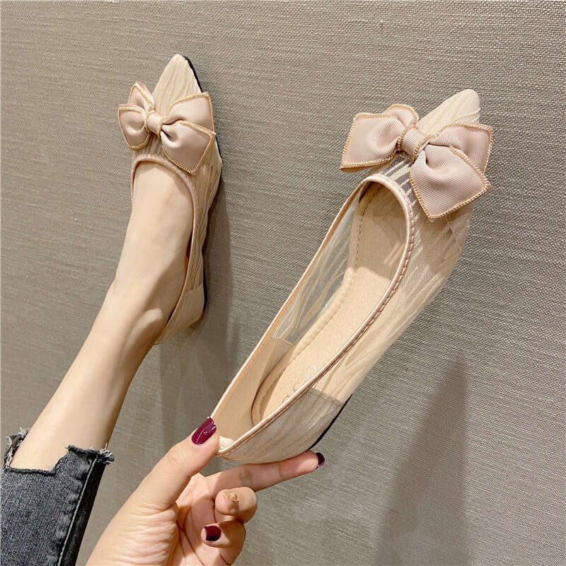 2023 Summer New Korean Butterfly Bow Decoration Shallow Mouth Pointed Soft Bottom Bean Mesh Breathable Flat Shoes For Women