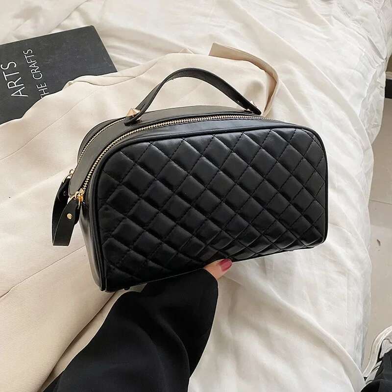 Designer Bag 2024 High Quality Grid Makeup Bag Leather Cosmetic Bag Women Large Travel Storage Bag Double Zipper Black Toiletry Designer Bag handbag