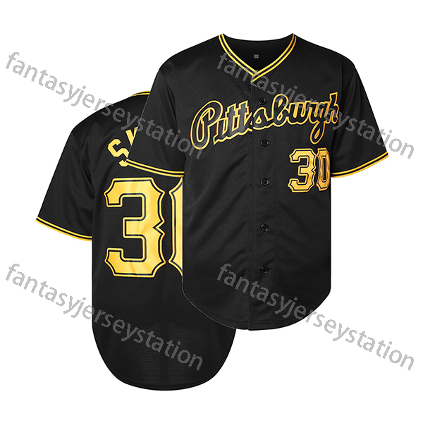 In Stock Men's #30 Pittsburgh Embroidered Baseball Jersey 100% Polyester, V-Neck, Slight Stretch Fabric, Letter and Number Pattern,Loose Fit Knit