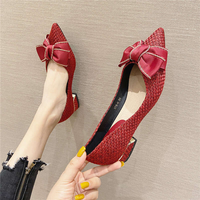 Mid To Low Order Shoes For Women 2020 Korean Version Autumn New Item Pointed Weave Versatile Thick Heel Ladies High Heels