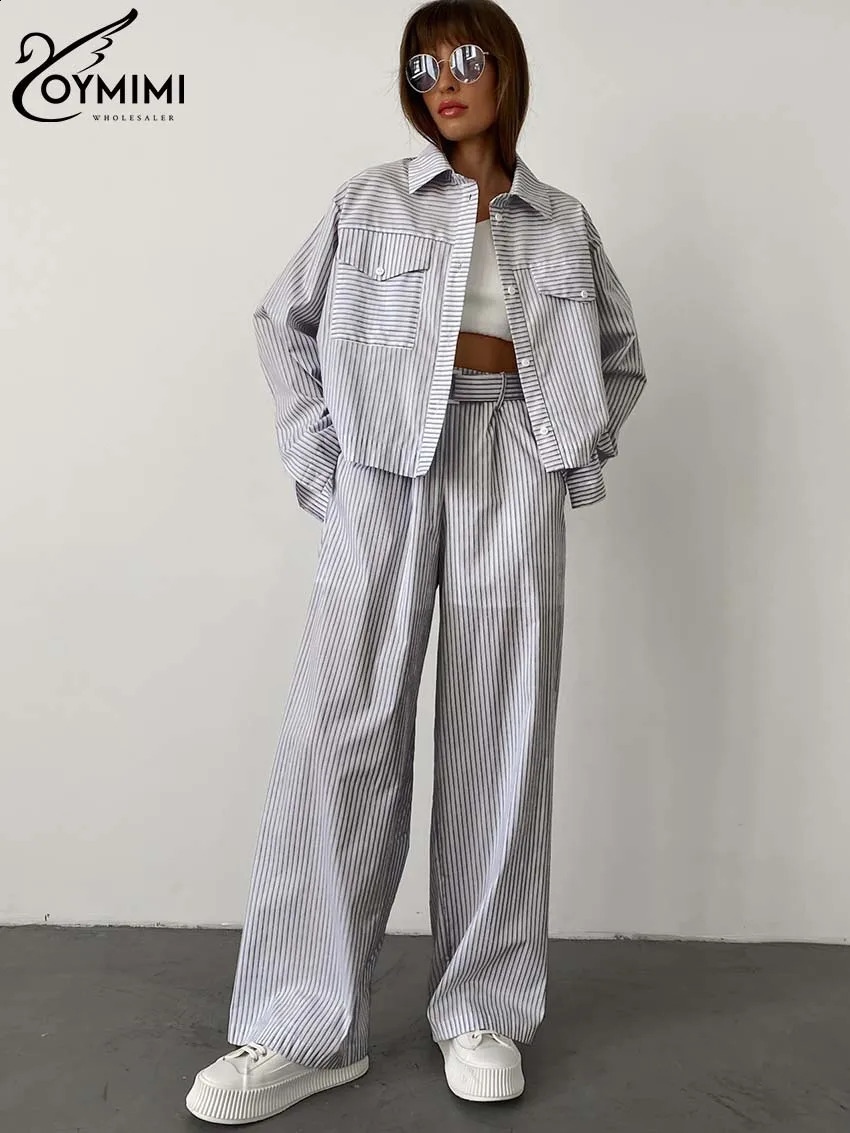 Oymimi Elegant Blue Print Striped Sets For Women 2 Pieces Fashion Lapel Long Sleeve Pockets Shirts And Straight Pants Female Set 241105