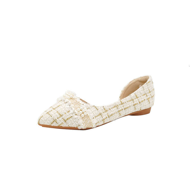 2023 New Small Fragrant Gentle Women's With Pearl Decoration Light Mouth Sweet And Beautiful Flat Heel Side Empty Pointed Elegant Single Shoes Fo