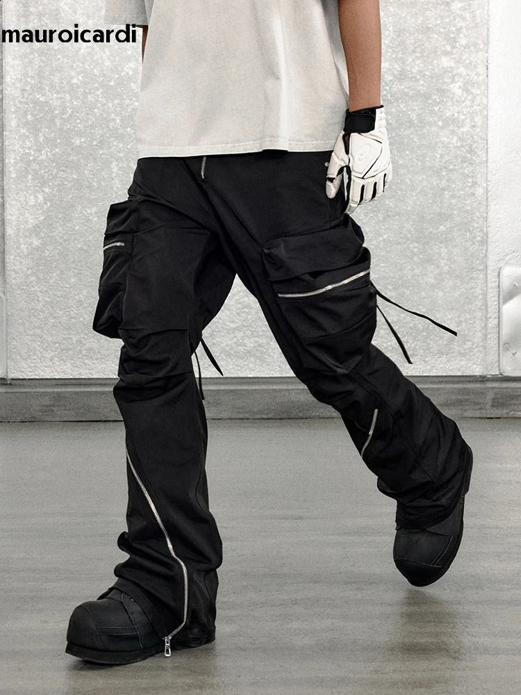 Mauroicardi Spring Autumn Cool Black Cargo Pants Men with Big Pockets Long Zipper y ner Clothing Trousers Fashion 241105