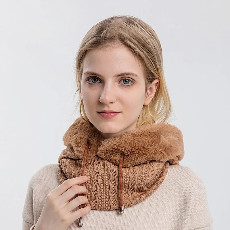 Women Beanie Hat Winter Balaclava Knitted Cap Hooded Face Mask Fluff Keep Warm Neck Scarf Bonnet 241105