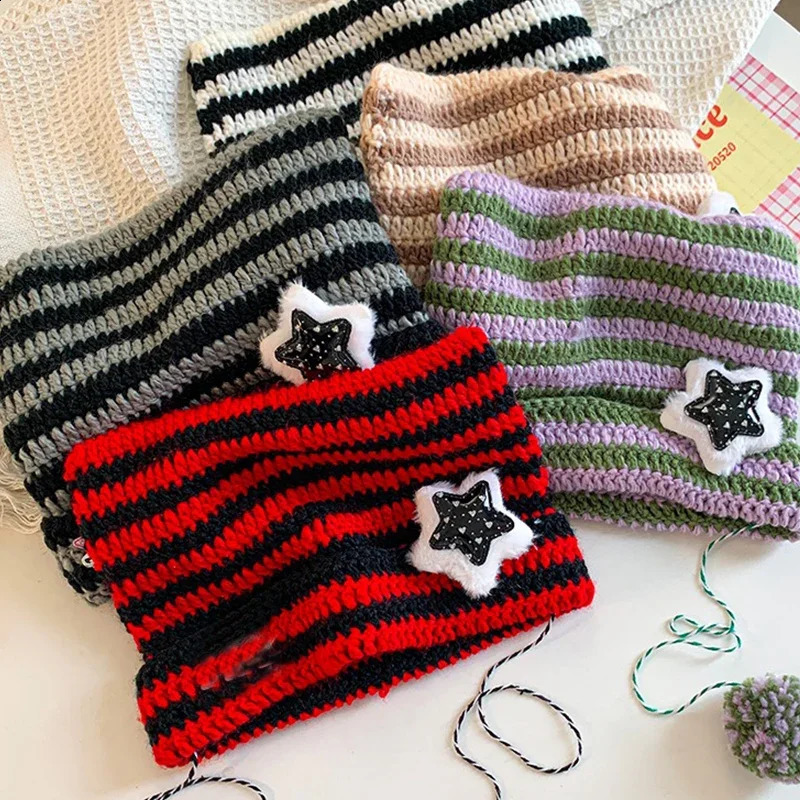 Y2K Cute Star Devil Knitted Beanie Hat Ins Skullies Striped Knitting Wool Cap Autumn Winter Cat Ears Pointed Pullover Women Hats 241105