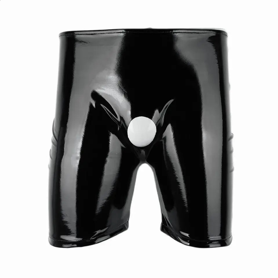 Mens Sexy Open Crotch Shiny Casual Leather Pants For Sex Glossy PVC Latex Crotchless Boxer Male Erotic Bottom Underwear 241105