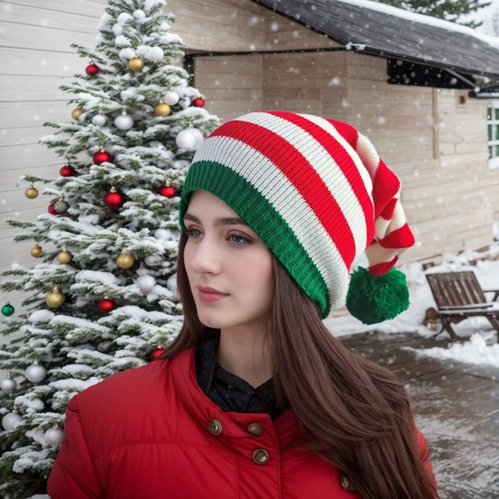 Fashion Adult Christmas Knitted Hat Elf Santa Beanies Claus Red Green Striped Crochet Merry Happy Year 241105
