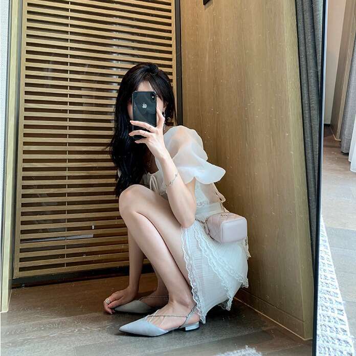 Single Shoe Women's Spring And Summer 2024 New Pointed Flat Half Slippers With Water Diamond Chain Toe Sandals For Women