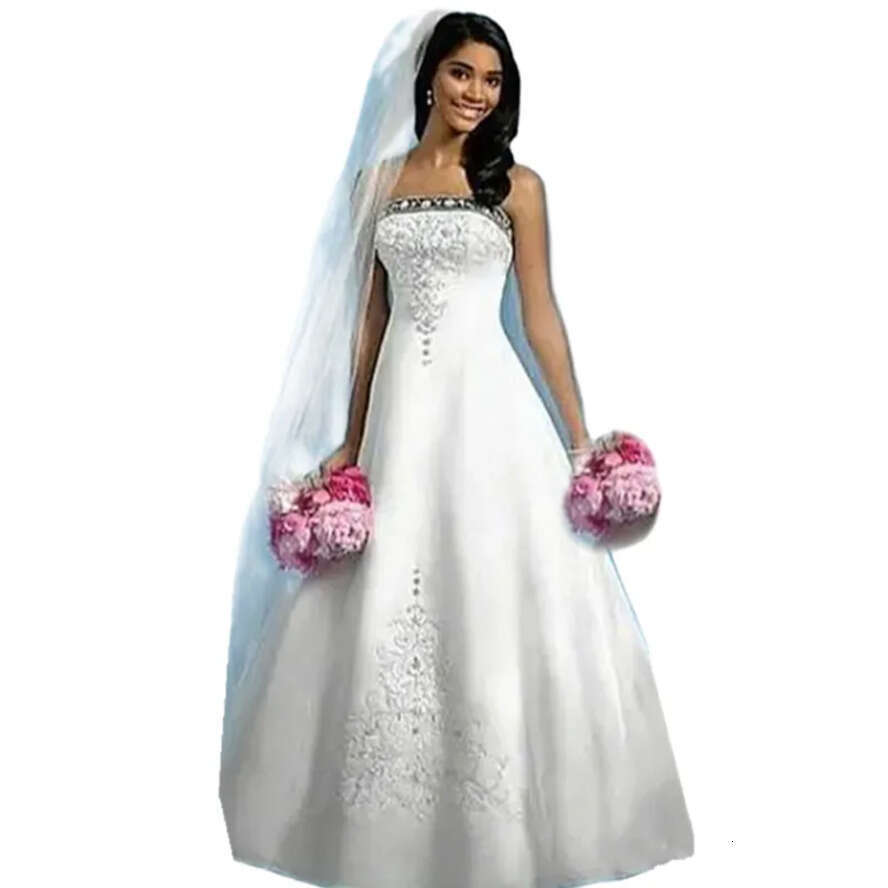 Dress Wedding Vintage Embroidery Navy Blue And White A E Strapless Sleeveless Long Satin Bridal Gown Court Train Arabic Boho Reception Formal Dresses 