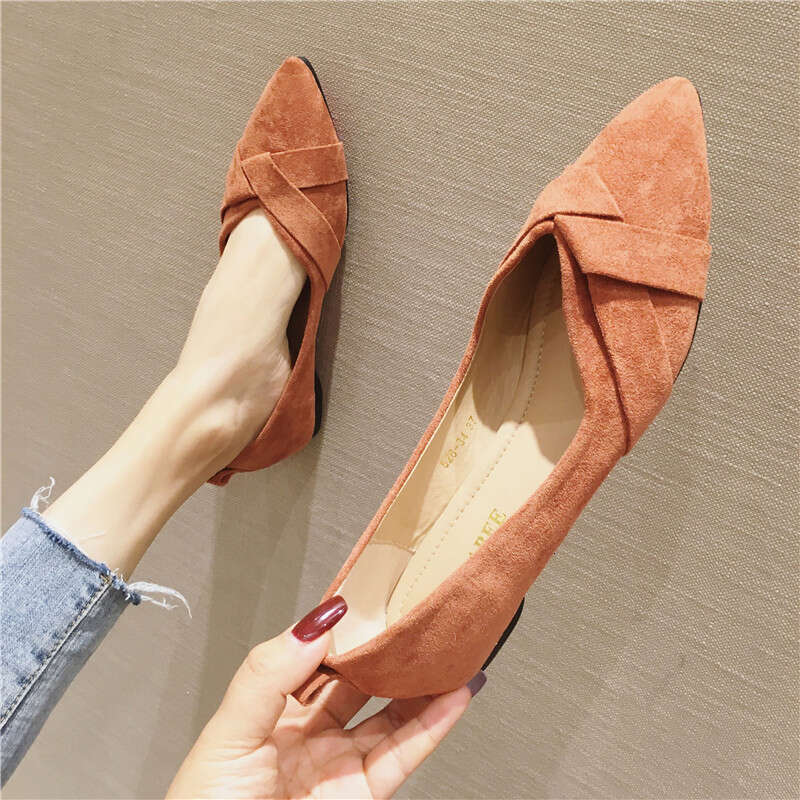 2023 Spring New Versatile Suede Pointed Shallow Mouth Flat Follow For Women Black Professional Work Shoes
