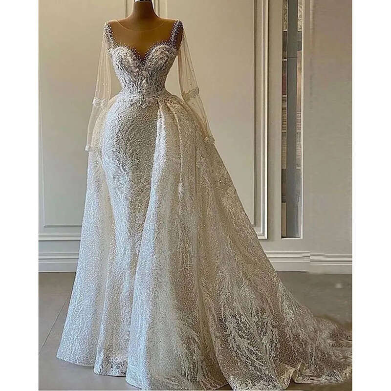 Wedding Dresses White New Bridal Gowns Formal Applique Beaded Custom Ivory Zipper Up Plus Size Mermaid Trumpet O-Neck Long Sleeve Illusion Lace Sequin