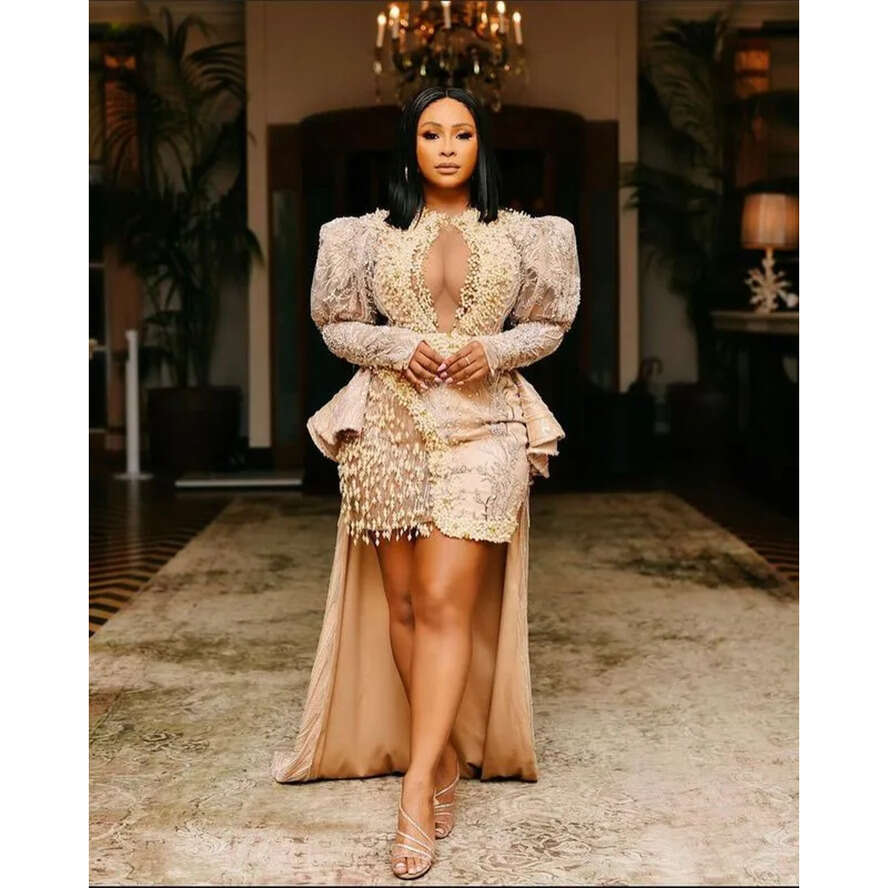 Plus Size Arabic Aso Ebi Champagne Urious Sexy Prom Dresses Lace Pearls Beaded Evening Formal Party Second Reception Gowns Dress ZJ