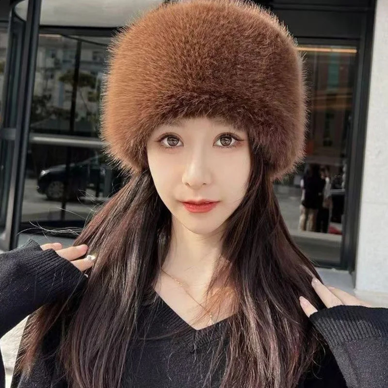1pc Winter Warm Fur Plush Hats Ear Protection Thick Womens Fashion Bucket Hat For Skiing Faux Fox Mongolian 241105