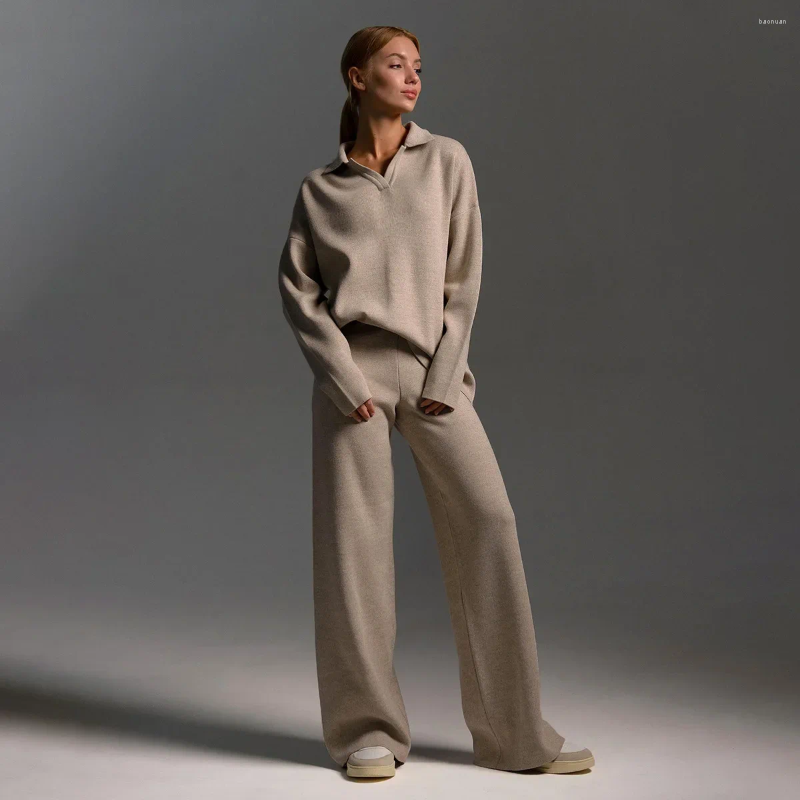 Women's Two Piece Pants Women Knitted Set Long Sleeve Pullover Sweater & Wide Leg Pant Sets Autumn/Winter Casual