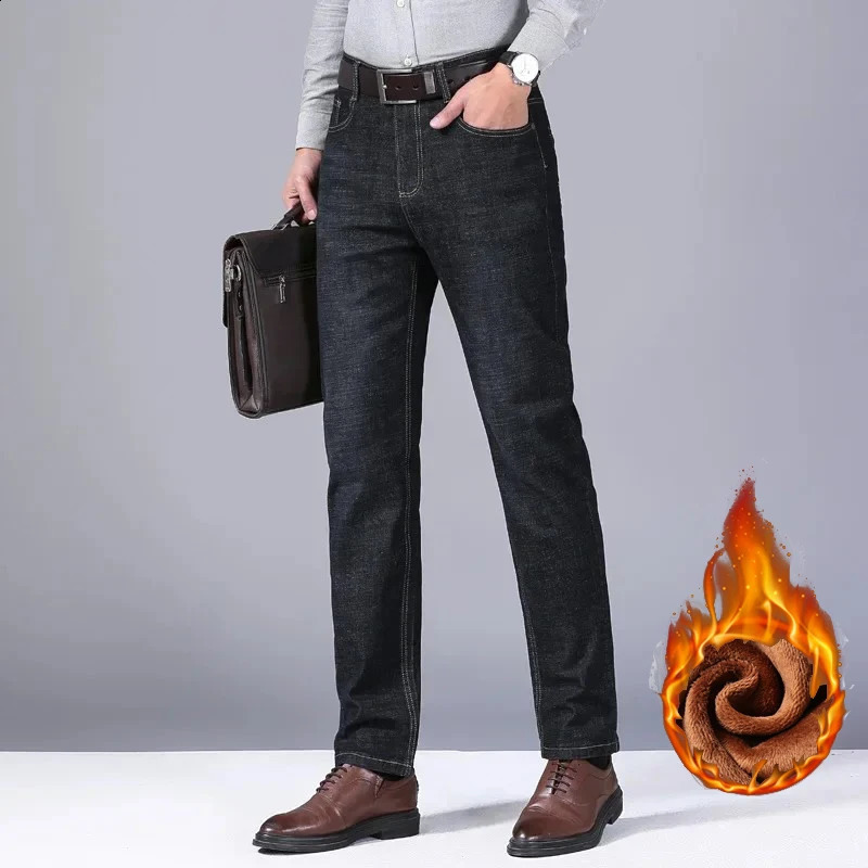 2024 Winter Casual Mens Warm Fleece Jeans Classic Style Business Thicken Fur Regular Fit Denim Pants Plush Trousers 241105