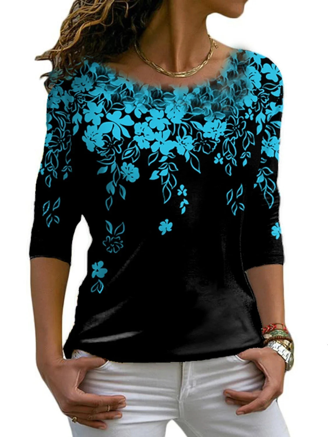 Autumn versatile long sleeved womens Tshirt with floral pattern printed regular retro casual ONeck Bohemian multicolor top 241029
