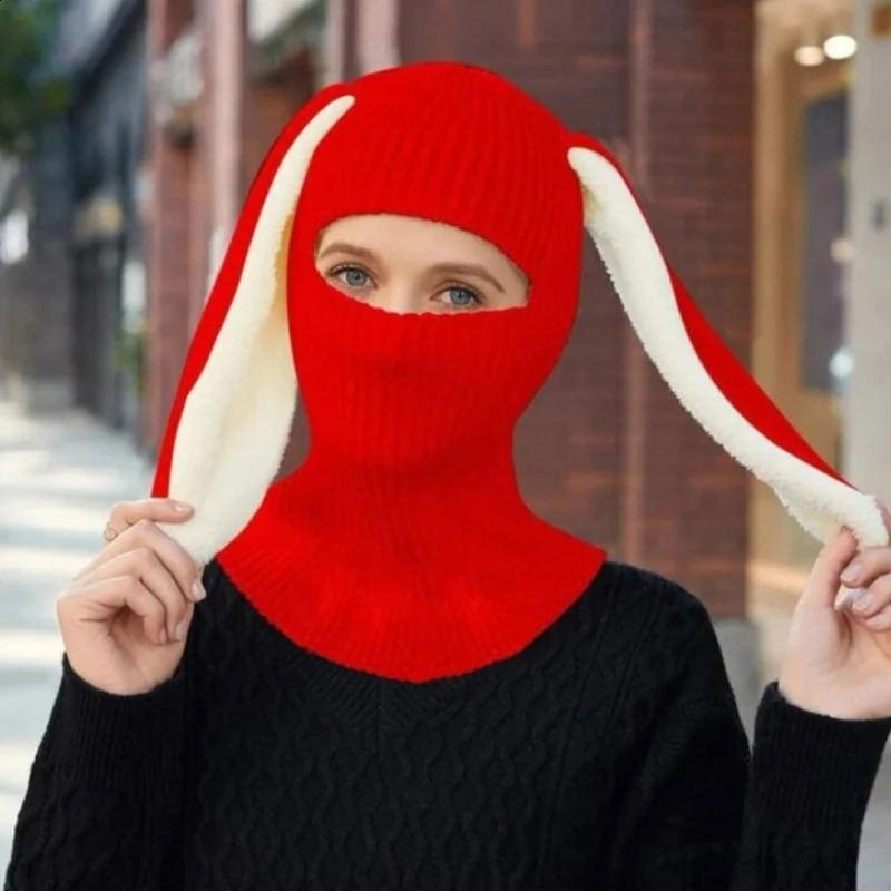 Halloween Knitted Balaclava Long Bunny Ears Hat For Women Winter Warm Rabbit Hats Crochet Ski Mask Drop 241105