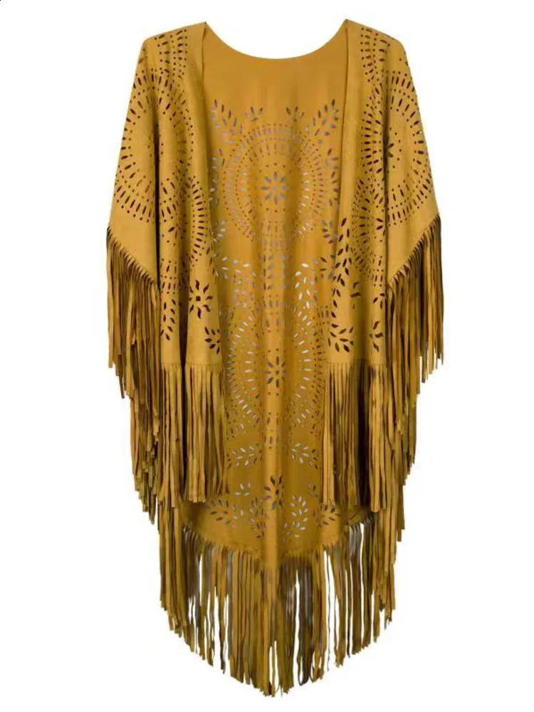 In Camel Suede Floral Hollow Out Fringe Tassel Shawl Women Vintage Bohemian Capes Ponchos Beach Cardigan Boho Cloak 241105