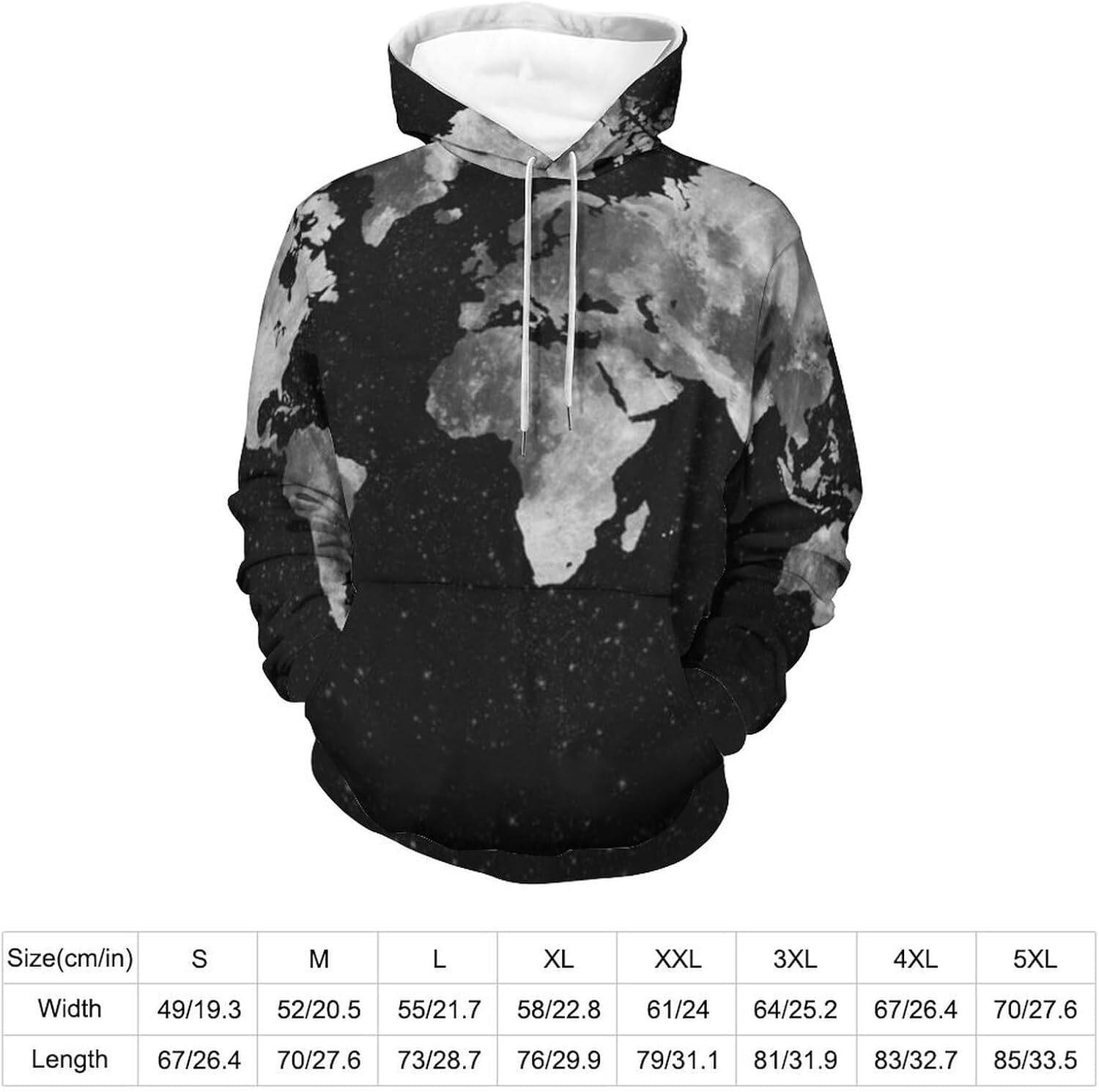 Hoodie for Mens Womens Black And White Vintage World-Map Hoodies for Men 3D Print Pullover Hooded Drawstring Loose Sweatshirt with Big Pockets Graphic