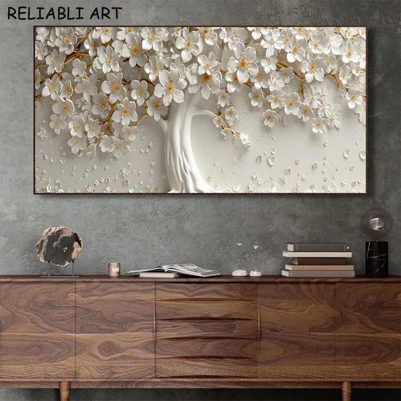 Golden White Flower Tree Poster and Prints Abstract Canvas Painting Wall Art Pictures for Living Room Home Decor No FrameXJ241104