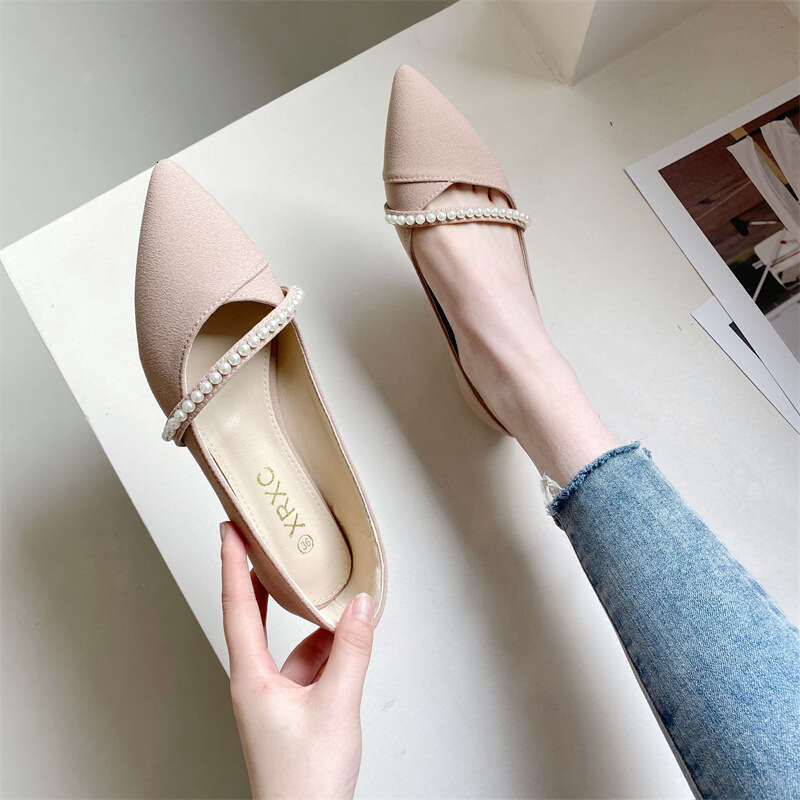 2023 Spring New Korean Edition Shallow Mouth Pointed Soft Bottom Fabric Pearl Lady Versatile Comfortable Flat Women's Shoes
