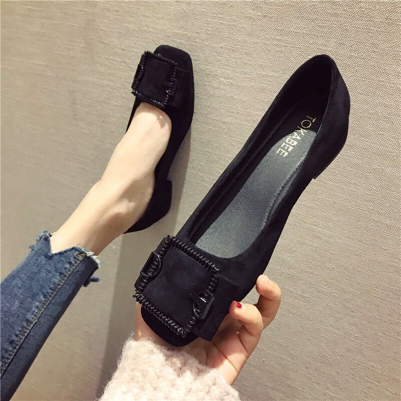 2023 Autumn New Versatile Square Buckle Shallow Mouth Coarse Custom For Women 3Cm Low Heel Women's Black Scoop Bean Shoes