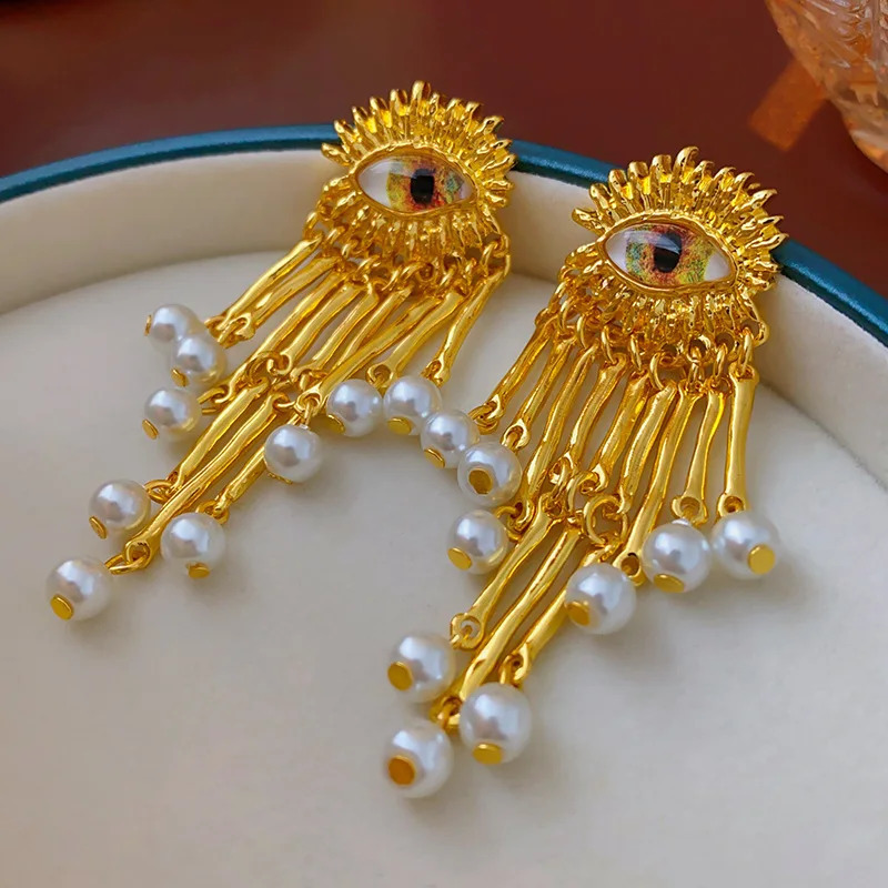 HUANZHI Eye Pearl Long Tassel Drop Earring Y2K Vintage Gold Color Pendant Jewelry For Women Trendy 241105