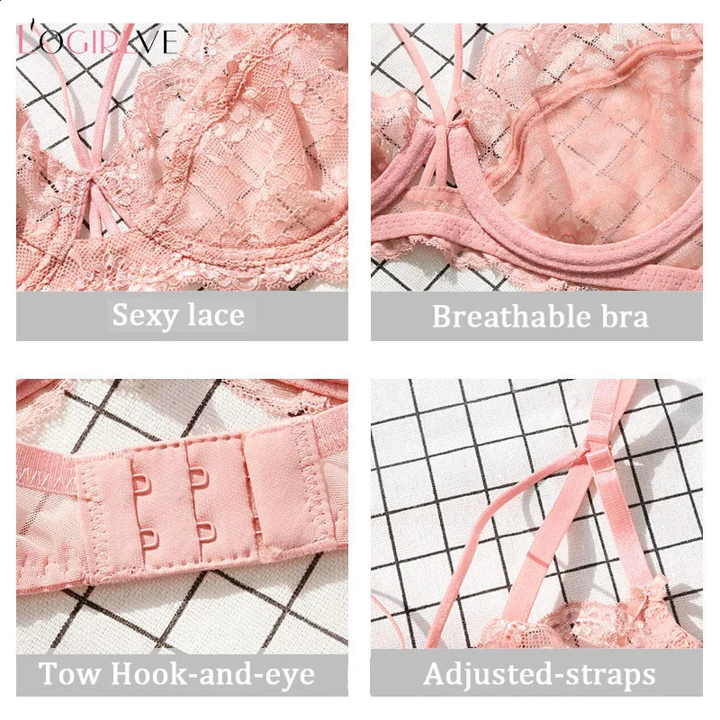 Logirlve Top Ultrathin Underwear Set Pushup Bra And Panty Sets Hollow Brassiere Gather Sexy Transparent Lace Lingerie 241105