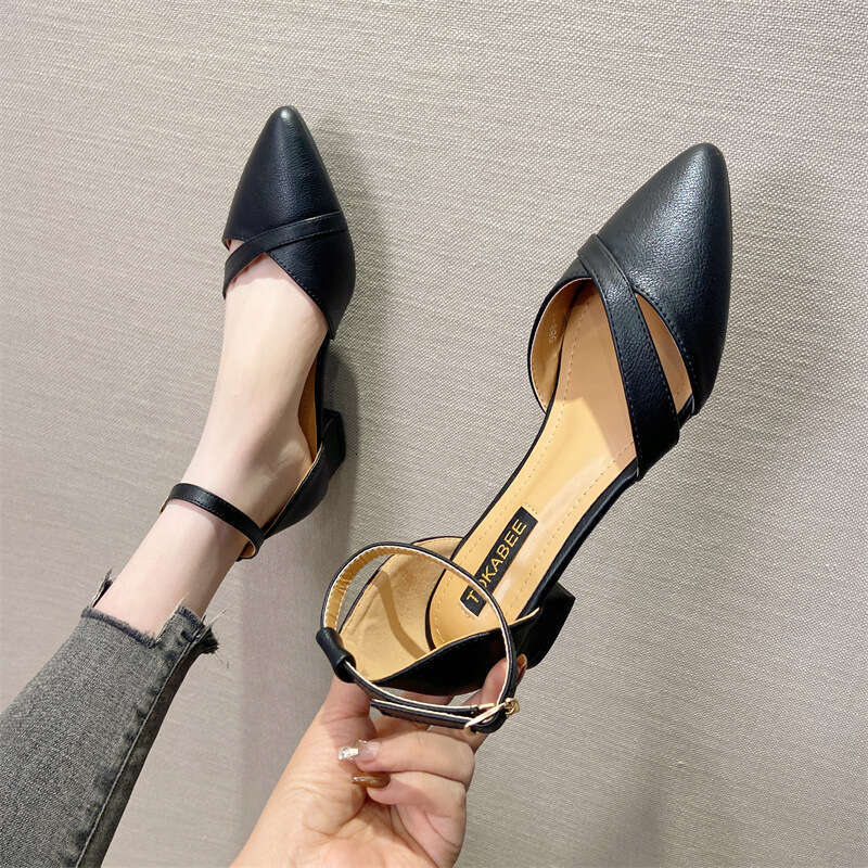One Button Pointed Single Shoe For Women In Spring And Summer 2024, Versatile, Thick Heel, Shallow Mouth, French Temperament, Paired With Skirt, Low H
