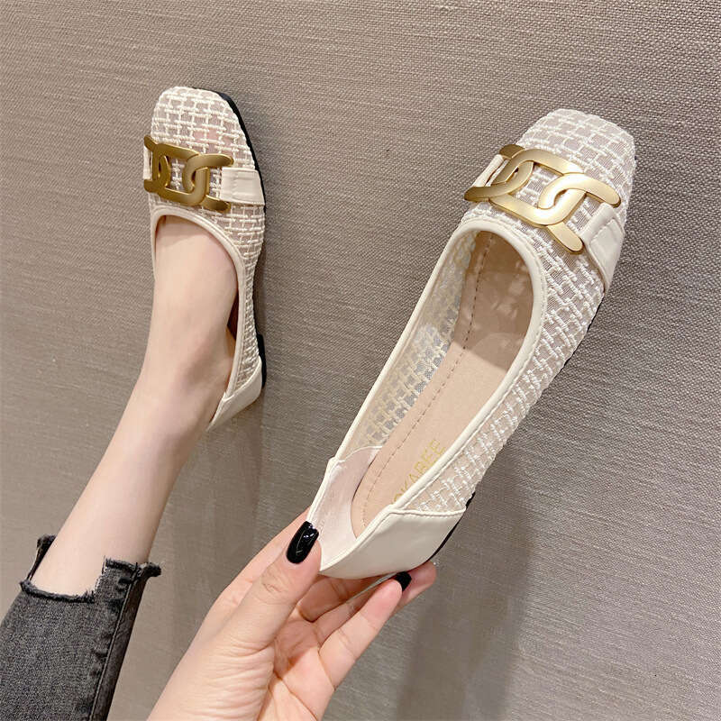 2023 Spring/Summer New Breathable Mesh Square Head Shallow Mouth Flat Single Soft Bottom Versatile Fashion Scoop Shoes For Women
