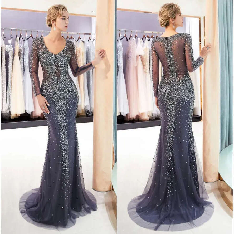 Sleeves V Neck Mermaid Sheer Long Evening Tulle Beaded Sequins Or Length Formal Party Prom Dresses Cps