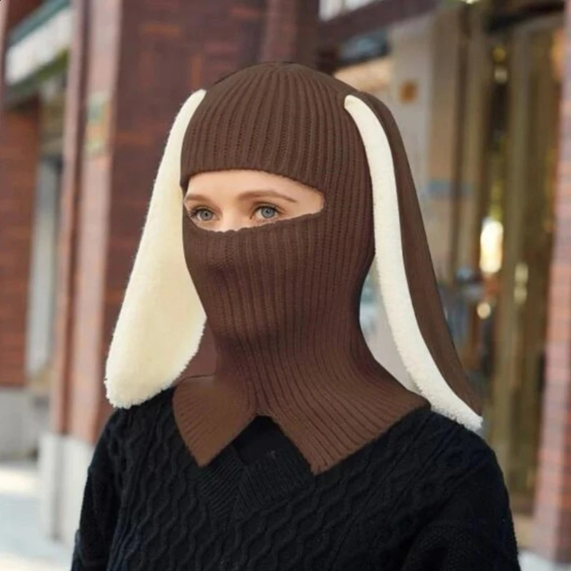 Halloween Knitted Balaclava Long Bunny Ears Hat For Women Winter Warm Rabbit Hats Crochet Ski Mask Drop 241105