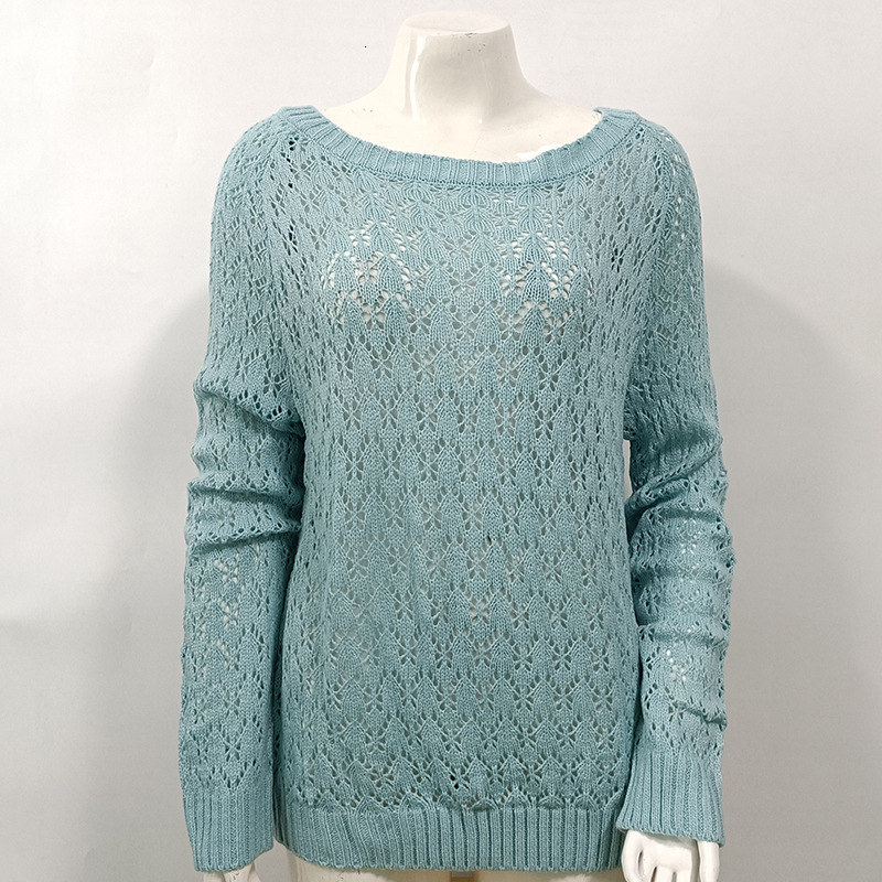 Autumn And Winter New Knitted Solid Color Hook Flower Hollow Out Pullover Round Neck Loose Sweater For Women