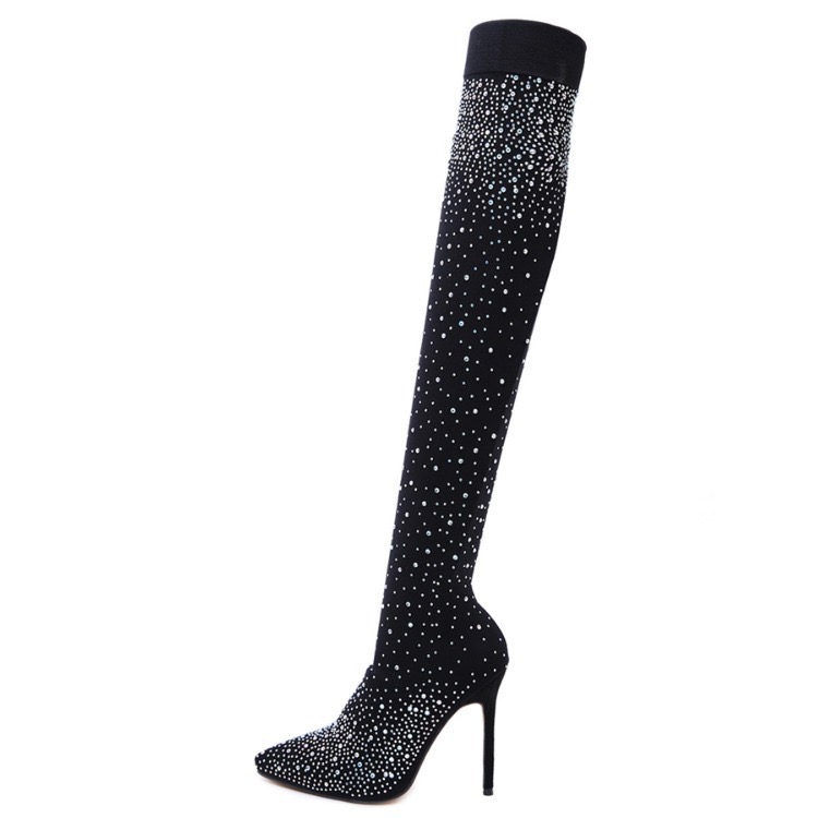 Eilyken Runway Style Crystal Over-the-Knee Thigh High Boots Woman Designer Pointed Toe Stretch New Fabric Long Sock Botas De Mujer