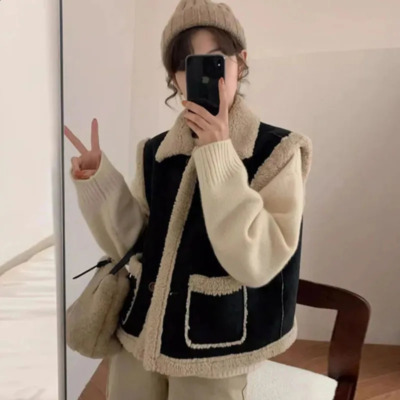 Womens autumn and winter cashmere vest Korean fashion loose sleeveless jacket top thick prefabricated style casual vest jacket 241105
