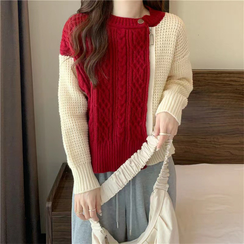 Lazy Style High End Zipper Knitted Sweater Women S Coat Autumn And Winter Short Design Sense Splicing Anti Aging Top F1105#40