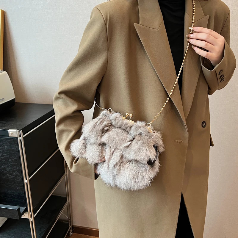 MOODS Soft Plush Evening Bags For Elegant Women Fox Fur Dinner Party Clutch Chain Crossbody Winter Warm er Handbags 241105